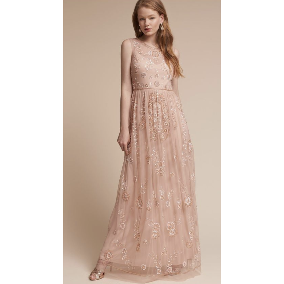 Bhldn Adrianna Papell Abbington Pink Blush Beaded Gown Nwt Size 12